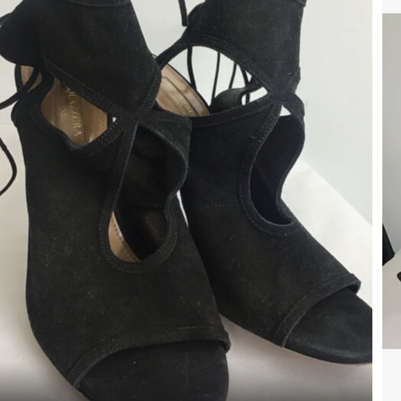 aquazzura Black Ankle Wrap Suede Stiletto Open Toe Shoe Size 39 1/2 - Picture 3 of 6